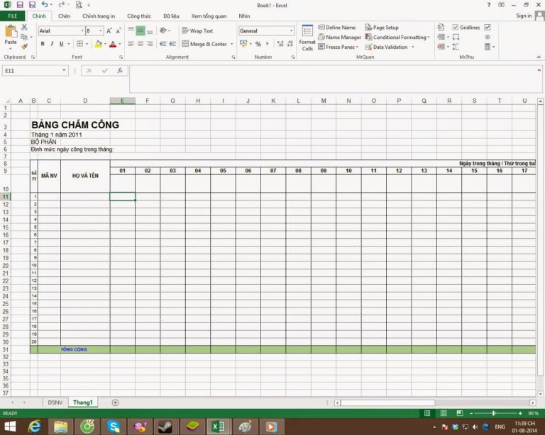 cách tạo bảng chấm công cá nhân trên excel