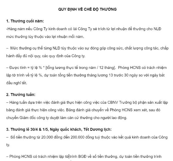 Quy chế thưởng phạt trong công ty