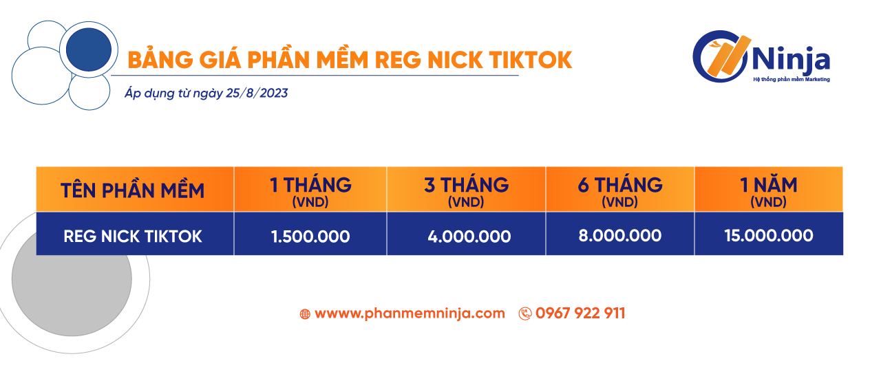 Bảng giá phần mềm reg nick tiktok