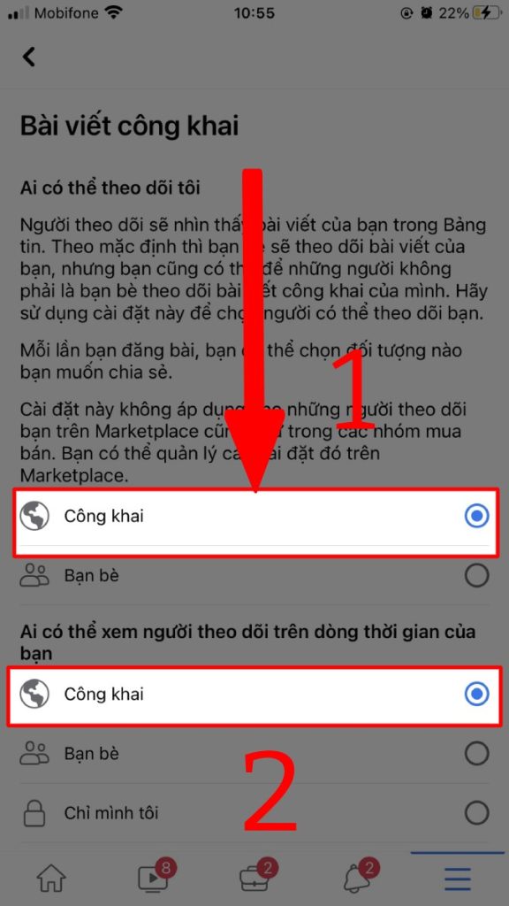 Để bật chế độ công khai, hãy chọn "Công khai" hoặc "Mọi người" tùy thuộc vào ngôn ngữ cụ thể của ứng dụng