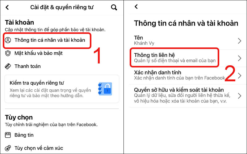 Nhấn vào phần Thông tin liên hệ