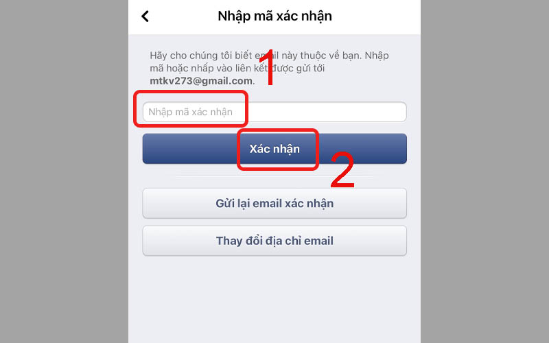 Nhập mã xác minh gửi về cho email