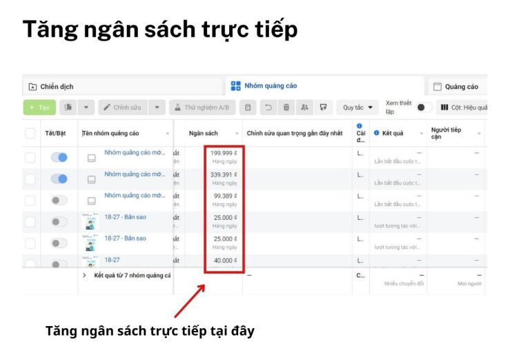 Thực hiện tăng ngân sách quảng cáo facebook trực tiếp