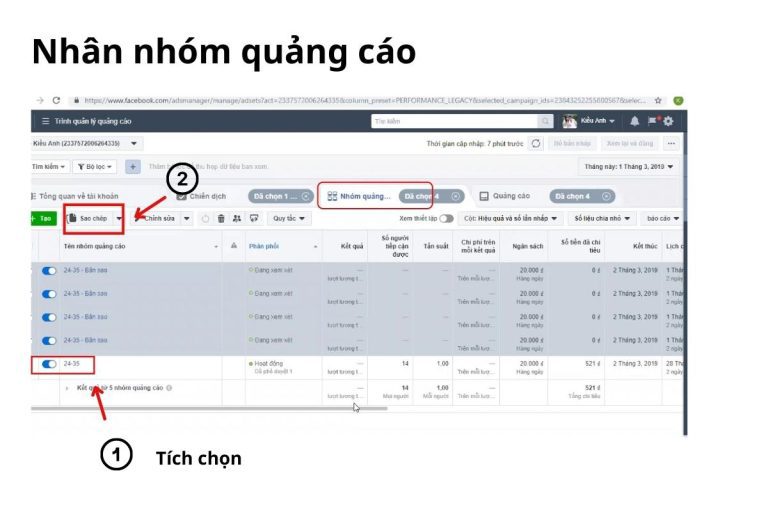 Tiến hành nhân nhóm quảng cáo tăng ngân sách