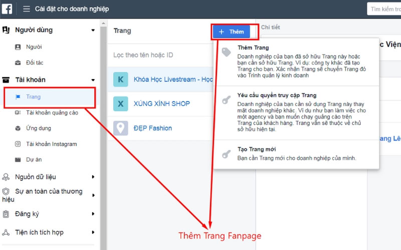 Tiến hành thêm Fanpage vào Facebook Business